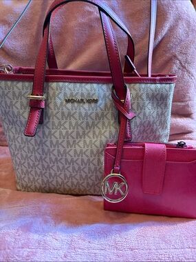 Michael Kors Beige MK Logo Tote with Pink Trim & Matching Pink Wristlet